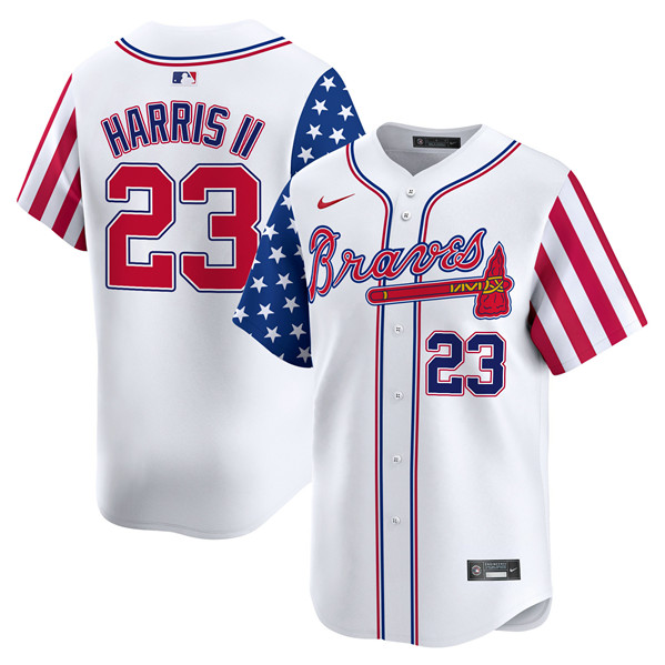 Men's Atlanta Braves #23 Michael Harris II White 2024 Independence Day Vapor Limited Stitched Baseball Jersey Men's Atlanta Braves #23 Michael Harris II White 2024 Independence Day Vapor Limited Stitched Baseball Jersey